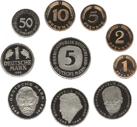 1, 2, 5, 10, 50 Pfennig, 1, 2, 5 Mark, mit 2 DM Erhard/Strauß/Brandt (1994 - 2001).